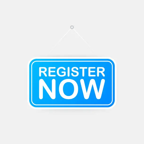 Vector illustration of Register now sign. Trendy Web interface or app button. Vector illustration.