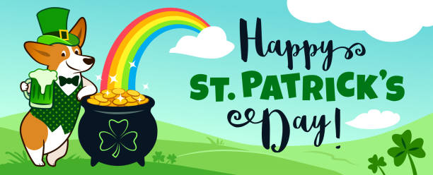 ilustraciones, imágenes clip art, dibujos animados e iconos de stock de perro corgi lindo en el disfraz de duende con la olla de oro y arcoíris, cielo azul y verdes colinas, ¡ feliz día de san patricio! texto. mascotas, fiesta del día de san patricio, bandera del tema del folclore irlandés, tarjeta de felicitación. - st patricks day dog irish culture leprechaun