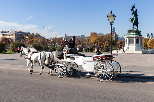 Vienna, Austria - November 2, 2015: Tourists are in white horse carriage, old Vienna