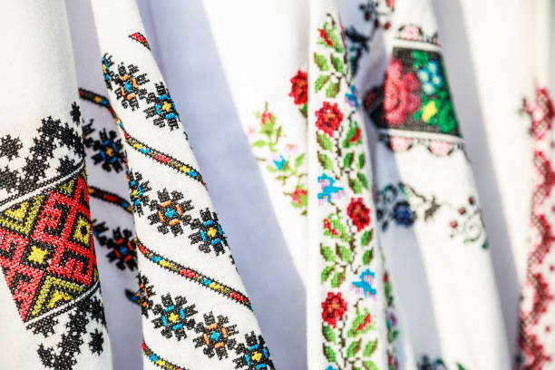 Romanian traditional embroidery on costumes stock photo