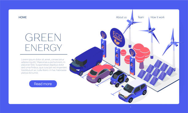 ilustrações de stock, clip art, desenhos animados e ícones de eco-friendly car charging station web page concept. plug-in vehicle getting energy from battery supply.sun and wind energy. solar panels and wind turbines. isometric flat car charging web banner. - man energy turbine