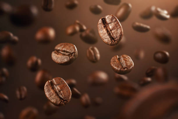 Roasted coffee beans falling down Roasted coffee beans falling down with copy space roasted coffee bean photos stock pictures, royalty-free photos & images