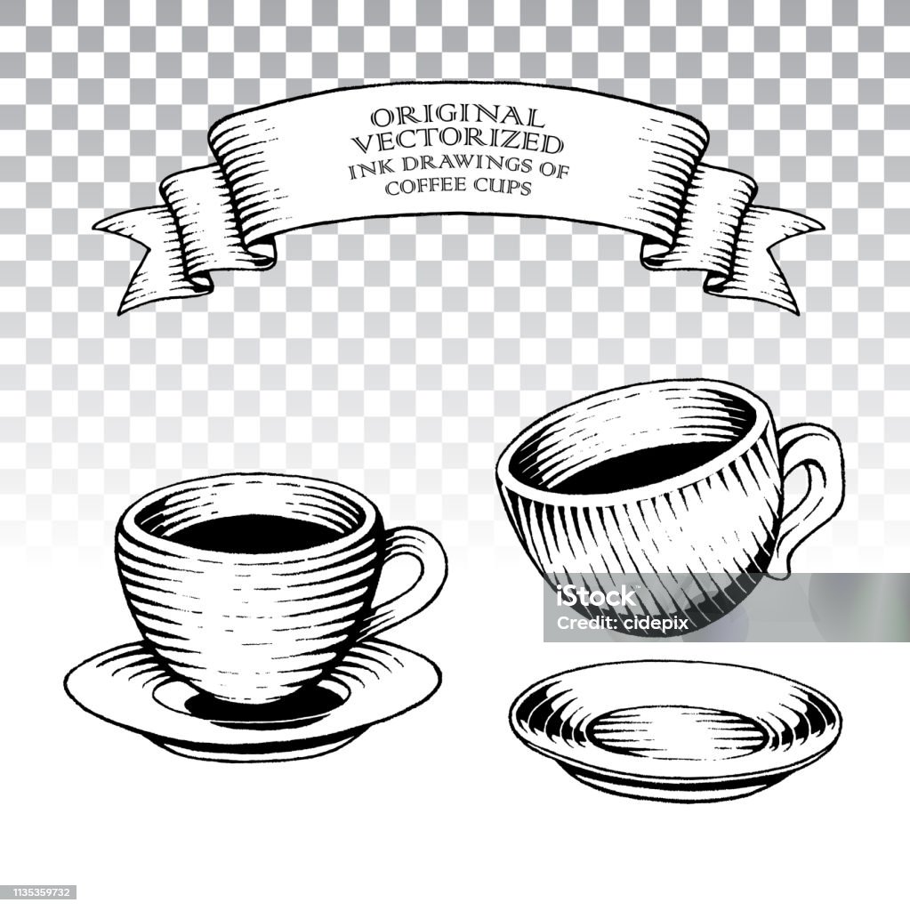 Scratchboard Style Ink Drawings of Coffee Cups Vector Illustration of Scratchboard Style Ink Drawings of Coffee Cups Engraving stock vector