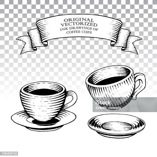 Scratchboard Style Ink Drawings Of Coffee Cups Stock Illustration - Download Image Now - Engraving, Woodcut, Drink