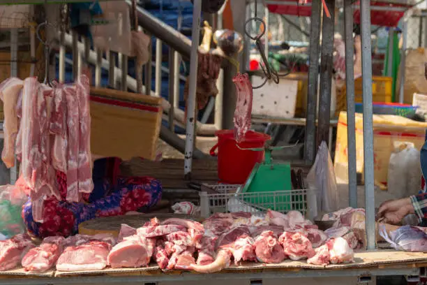 Charcuterie with different meat on a street market in Duong Dong city Phu Quoc Island, Vietnam.