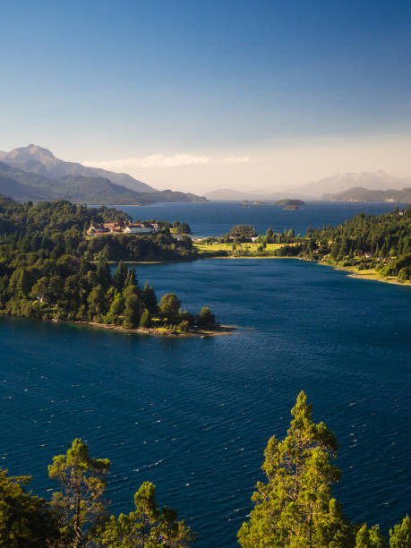 argentine lake district at sunrise view of the llao llao hotel and the lake lago nahuel huapi. patagonia - llao llao hotel imagens e fotografias de stock