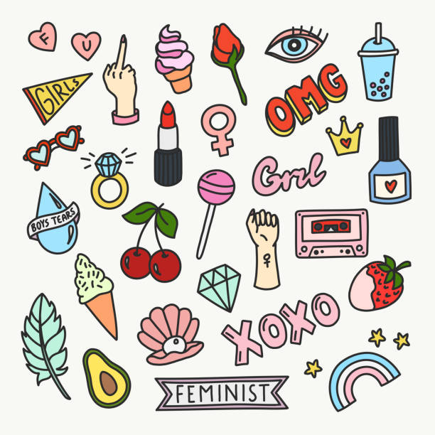 Set of fashion patches and cute badges in cartoon style Set of fashion patches and cute badges in cartoon style. Vector isolated illustrations of female symbols and icons. Great for stickers, badges, embroidery. audio cassette illustrations stock illustrations