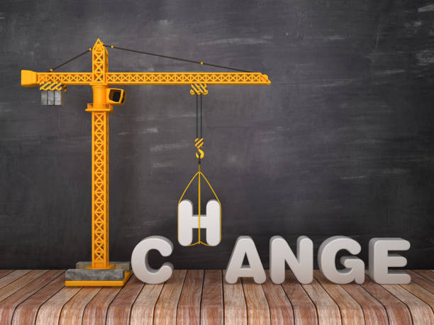istock Tower Crane with CHANGE Word on Chalkboard Background - 3D Rendering 1135365627