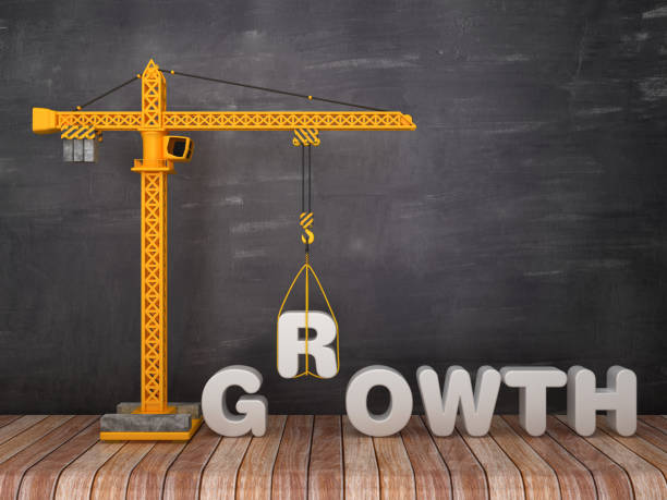 istock Tower Crane with GROWTH Word on Chalkboard Background - 3D Rendering 1135365634