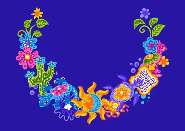 Vector illustration of Mexican decoration with cute naive art items.