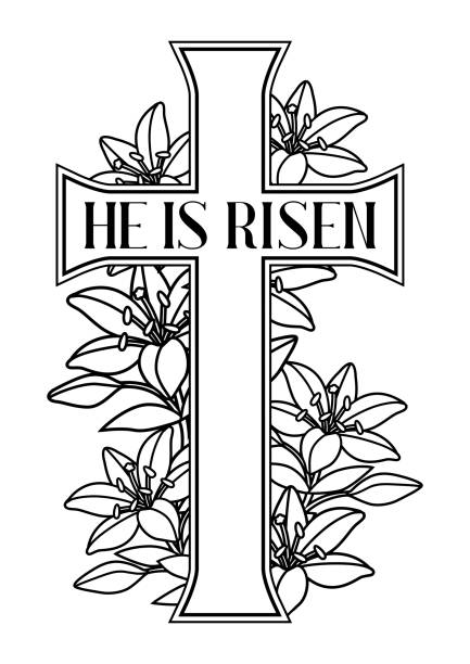 He is risen. Happy Easter greeting card. Cross and lilies. He is risen. Happy Easter greeting card. Cross and lilies. Greeting card. with religious symbol of faith. pics of a cross easter lilies stock illustrations