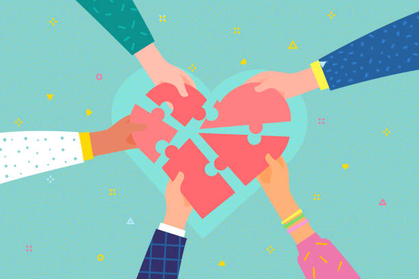Charity concept. Several people hold the heart Concept of charity and donation. Give and share your love to people. Several people hold big heart puzzle symbol on their hands. Flat design, vector illustration. bloody money stock illustrations