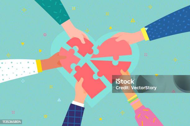 Charity Concept Several People Hold The Heart Stock Illustration - Download Image Now - Heart Shape, Healthcare And Medicine, Community
