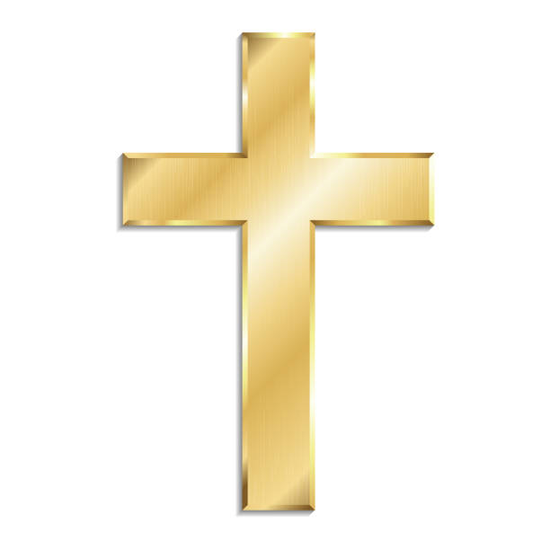 illustrations, cliparts, dessins animés et icônes de croix chrétienne en métal doré avec ombre, isolé sur fond blanc. - croix