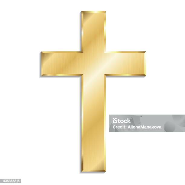 Gold Metal Christian Cross With Shadow Isolated On White Background Stock Illustration - Download Image Now