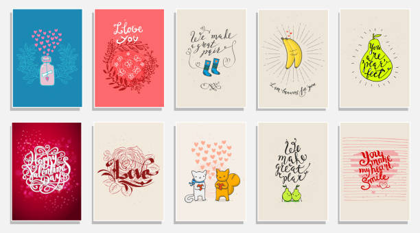 Funny phrases about love. Hand drawn Valentines Day card with funny pear, animals, bananas and hand written note. Funny phrases about love. Hand drawn Valentines Day card with funny pear, animals, bananas and hand written note. Set of Valentines cards. perfect pear stock illustrations
