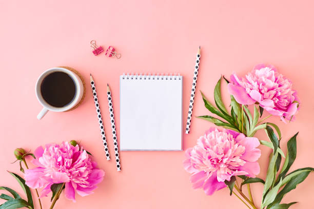 istock Mockup white notebook with pink peonies on a pink background 1135366930