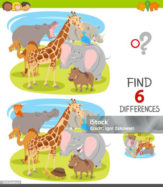 Find Differences Game With Cartoon Animal Characters Stock Illustration - Download Image Now