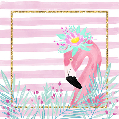 Watercolor Pink Flamingo Wearing a Fresh Spring Flower Crown, Portrait, Side View. Tropical Exotic Bird Background, Tropical Summer Concept, Design Element. Glitter Frame with Flamingo Greeting Card.