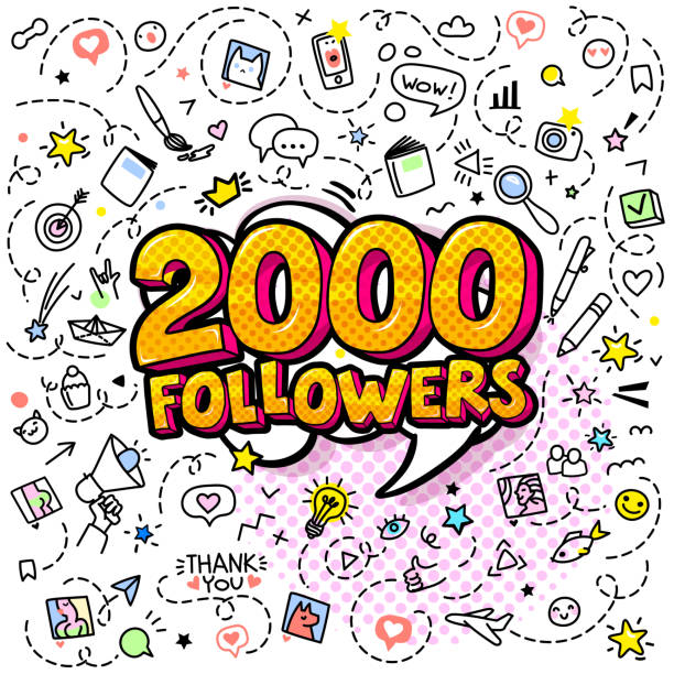 ilustraciones, imágenes clip art, dibujos animados e iconos de stock de 2000 seguidores ilustración en estilo pop art. - 2000