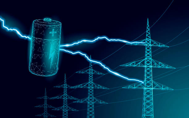 Charged polygonal alkaline battery power line. High voltage electrical tower pylon. Lightning thunder low poly polygon particle space dark sky industry technology concept vector illustration Charged polygonal alkaline battery power line. High voltage electrical tower pylon. Lightning thunder low poly polygon particle space dark sky industry technology concept vector illustration art lightning tower stock illustrations