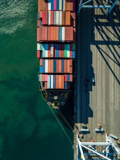 istock Aerial Shot Directly Over Cargo Ship and Dockside 1135372670