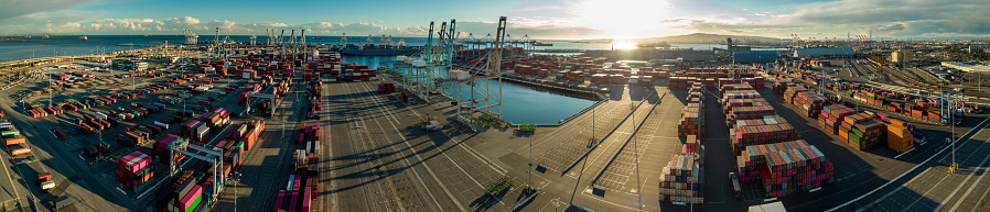 Aerial shot of an intermodal shipping yard in the Port of Long Beach, California.