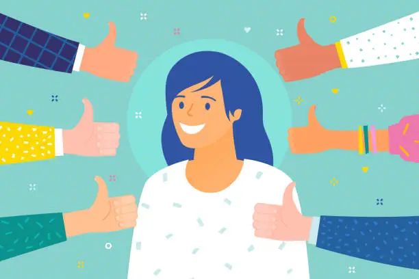 Vector illustration of Concept of success. Cheerful young woman surrounded by hands with thumbs up.