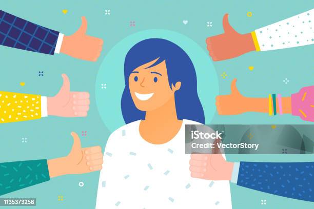 成功的概念愉快的年輕女子被大拇指雙手圍住向量圖形及更多舉起手指公圖片 - 舉起手指公, 感激, 尊敬