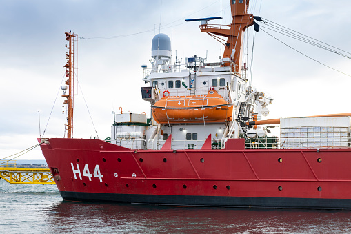 Punta Arenas, Chile- January 03, 2019: View of the NApOc 'Ary Rongel' (H 44), the oceanographic support ship at the Strait of Magellan in Punta Arenas, Chile