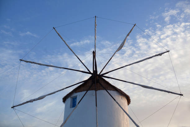 Old white traditional windmill close up at sunset in Parikia on Paros Island, Cyclades, Greece