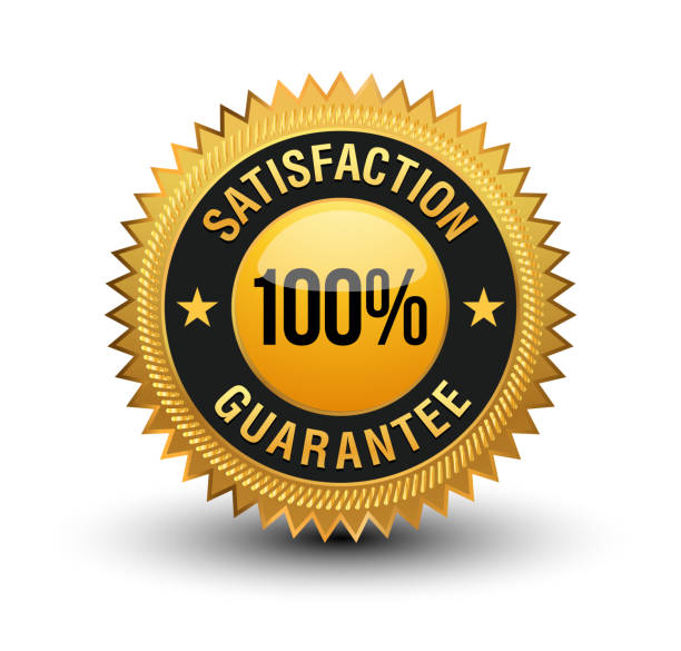 Very powerful golden 100% satisfaction guaranteed badge illustrated. Isolated on white background. This 100% satisfaction guarantee badge will convey/support that, your product/service are completely reliable & authentic. By this badge customer will know that this product/service will meet there expectation. goldco reviews quality stock illustrations