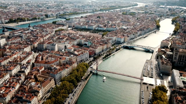 Panoramic view from drone of cityscape of Lyon