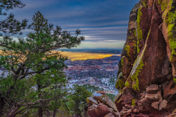 Beautiful Winter Sunset Hike at Flatirons in Boulder, Colorado stock photo