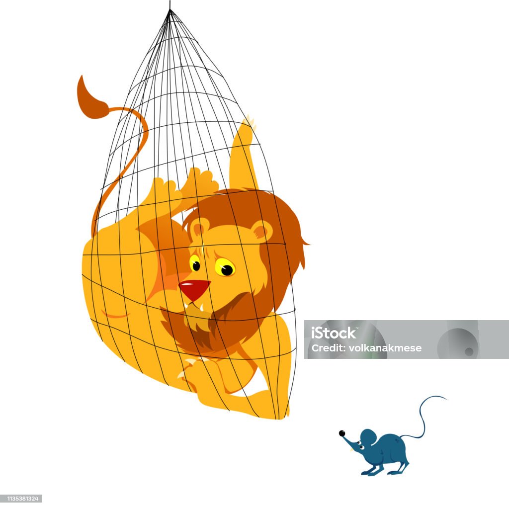 The Lion and the Mouse Tale Vectoral Illustration. The Lion and the Mouse Tale Vectoral Illustration. For Children Books, Magazines, Blogs, Web Pages. White Background Isolated Lion - Feline stock vector