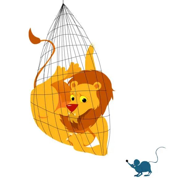 Vector illustration of The Lion and the Mouse Tale Vectoral Illustration.