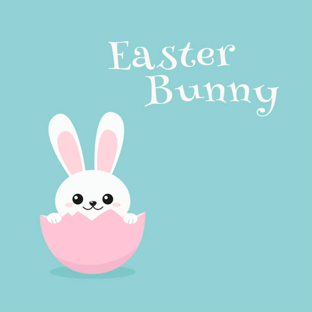 Funny Bunny inside egg wishing Happy Easter Cheerful Bunny sitting in egg and greeting Happy Easter. Vector illustration on blue background fractured foot drawing stock illustrations