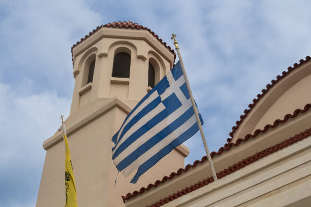 istock Orthodox churcha and a greek flag 1135383522