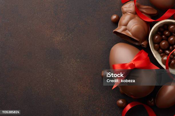 Easter Composition With Chocolate Eggs And Bunny Stock Photo - Download Image Now - Easter, Chocolate, Easter Egg