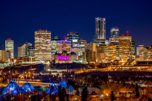 A panoramic view of the city of Edmonton at night