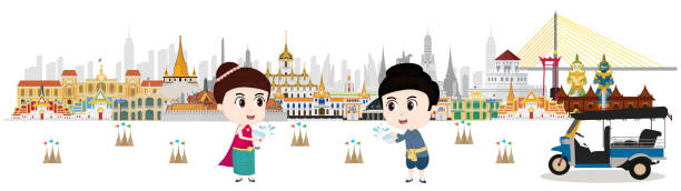 podróż tajlandia. dzieci tradycyjny kostium i obchodzi w songkran festiwalu, taxi thai, miejsce orientacyjne - bangkok thailand asia water taxi stock illustrations
