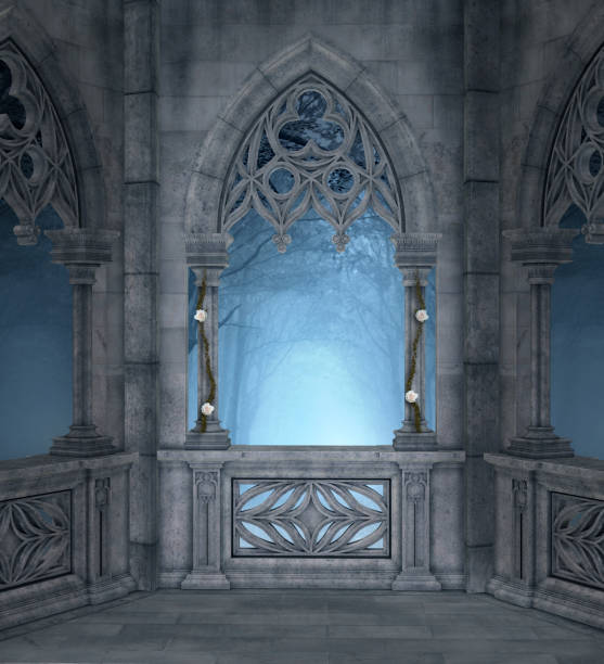 terraza encantada en la noche azul - gothic style castle church arch fotografías e imágenes de stock