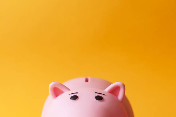 pink toy piggy money box pink toy piggy money box on yellow backgroung with copy space piggy bank stock pictures, royalty-free photos & images