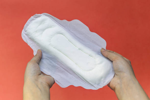 A white sanitary pad in woman's hands on a pink background with copy space. Absorbent item for women special days. Hygiene and health concept. Woman's hands holding two feminine hygiene pads. Hands of female hold menstrual pads or sanitary napkins for women on pink background padding stock pictures, royalty-free photos & images