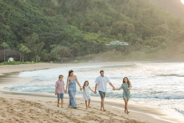 istock Family walking together on the beach 1135393531