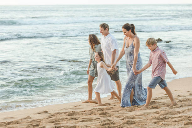 istock Family walking together on the beach 1135393541