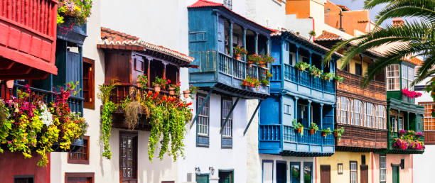 Traditional colonial architecture of Canary islands . capital of La palma - Santa Cruz with colorful balconies Santa Cruz de la Palma - capital of La Palma island la palma canary islands photos stock pictures, royalty-free photos & images
