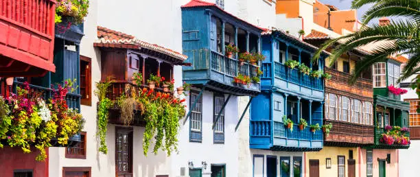 Photo of Traditional colonial architecture of Canary islands . capital of La palma - Santa Cruz with colorful balconies