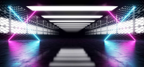 istock Background Neon Blue Purple Sci Fi Futuristic Fluorescent Alien Spaceship Dark Empty Grunge Concrete Corridor Tunnel Hall Room Glowing Lights Laser Show 3D Rendering 1135396094