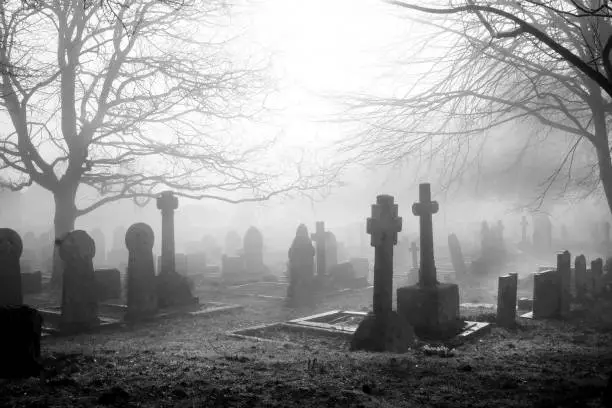 Photo of misty grave yard with tombstones